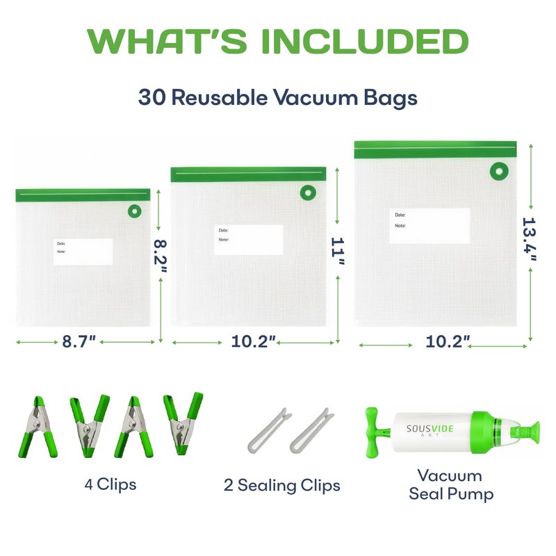 SOUSVIDE ART 37pcs Reusable Vacuum Seal Bags with Vacuum Sealer - 30 Cooking and Storage Bags of 3 Sizes with Pump and Sous Vide Cooker Accessories - Food Safe Kit, Keeps Food Fresh - Image 3